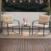 Juego de bistró mecedor de 3 piezas, muebles de patio de acero negro, juego de sillas de porche con mesa de centro de vidrio y cojín de respaldo, para balcón, jardín, terraza y patio trasero - Albaricoque - Ver 5