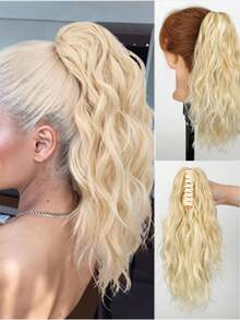 14英寸卷曲马尾发夹假发接发，14英寸爪形马尾假发片，棕色混铂金色高马尾发夹，聚酯纤维材质，适合女性 - 彩色 - 查看 21