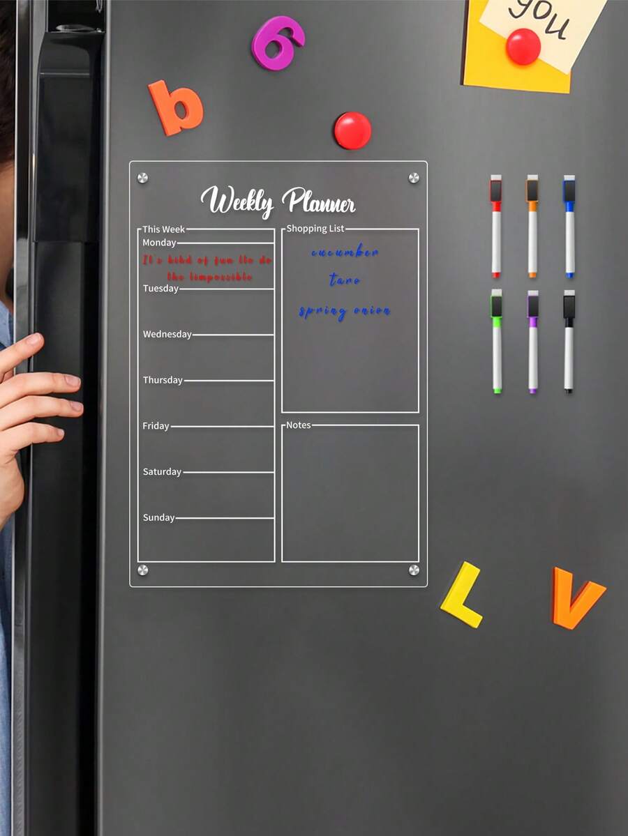 1pc Magnetic Transparent Acrylic Weekly Planner Fridge Message Board Set, Magnetic Erasable Memo Writing Fridge Sticker, Reusable Planning Board (Includes 6 Random Color Whiteboard Markers) - I - View 1