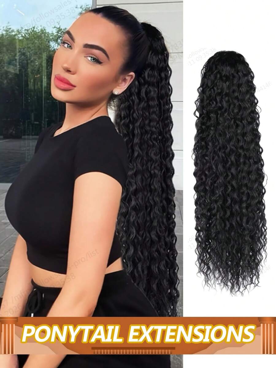 Water Wavy Brazilian Pony Tail Extension Drawstring Ponytail Extensions Magic Paste Clip In Hairpiece Long Wavy Curly Hairpiece For Women - Natural Black - View 1