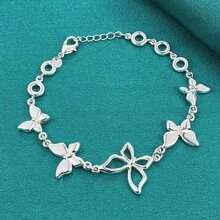 925镀银五蝴蝶吊坠手链，女士婚礼庆典订婚时尚首饰 - 銀色 - 查看 1