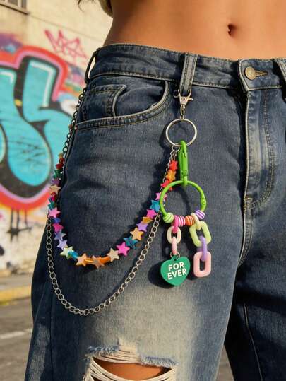 1条彩虹星形亚克力金属裤链/包链，彩色多巴胺裤链，星形爱心裤链，“FOR EVER”吊坠，多层裤链，Y2K裤链，千禧潮人裤链，包链，街头服饰，嘻哈配饰，亚克力链，金属珠链，彩虹星，爱心吊坠，千禧风格，潮人装扮，街头时尚配饰，包包挂饰，钥匙扣，男女皆宜的时尚首饰