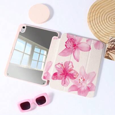 A Romantic Pink Floral Mirror Stand Protective Tablet Case - Ideal For Sweet Feminine & Elegant Style Enthusiasts,Mirror Tablet Case Foldable Stand Protective Cover With Pen Slot Compatible With Pro 2024/Air M3/A16 2025,Ideal For Work, Travel, And Home Relaxation