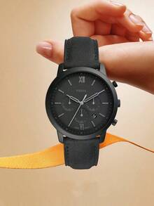 Fossil 男士腕表，男士极简全黑计时腕表，哑光皮表带，罗马数字表盘商务腕表 FS5503 - 黑色 - 查看 5