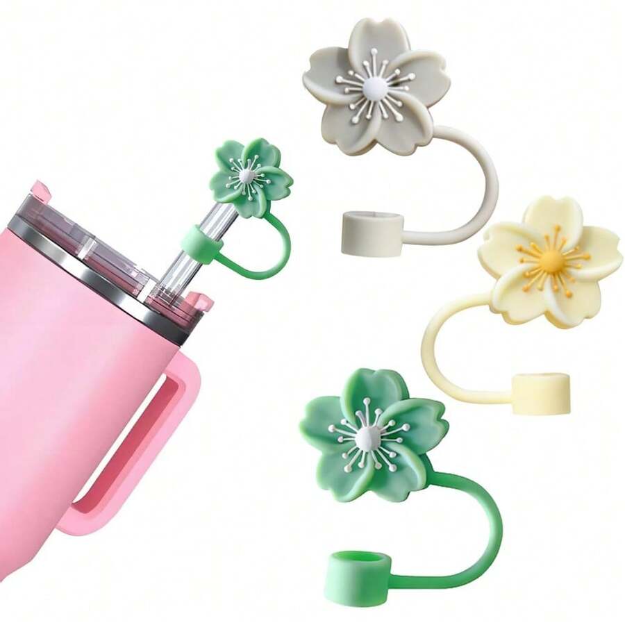 Silicone Straw Caps For 10mm Tumblers | Reusable Dust-Proof Straw Toppers Compatible With Stanley 30oz & 40oz Tumblers (Purple Flower 3pc) - Màu vàng - Xem 1