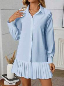 Women's Elegant Solid Color Pleated Collar Front Button Closure Side Slit Shirt Dress Spring - Baby Blue - View 4