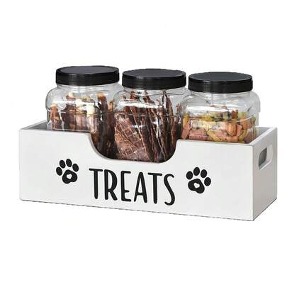 Wooden Pet Treat Holder With 3 Airtight Plastic Jars, Farmhouse Style Organizer For Dog & Cat Food & Snacks, Durable Pet Supplies For Home Kitchen