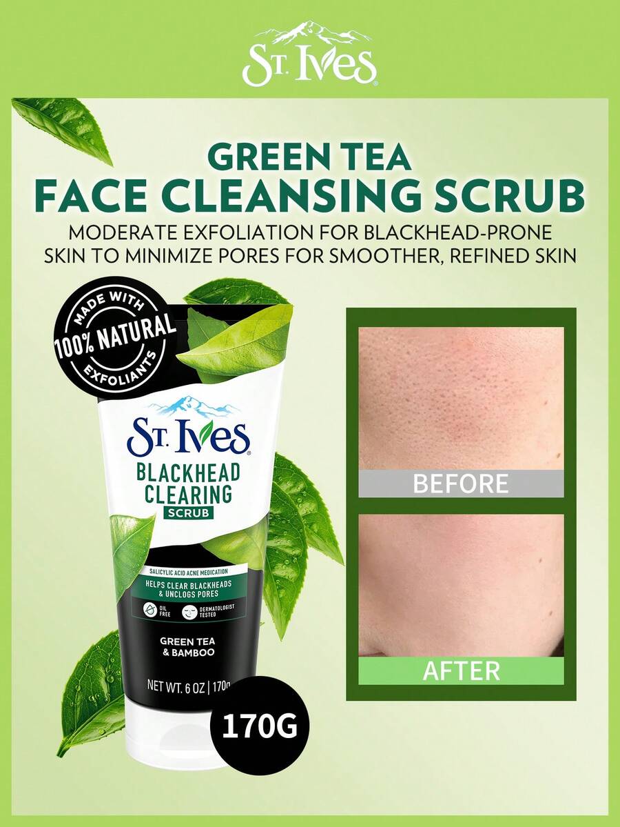 [170g] St. Ives Green Tea Scrub | Formula Lembut, Melembapkan Kulit | Merek Scrub No. 1, Memberikan Perawatan SPA Lembut untuk Tubuh & Wajah | Bebas Minyak, Teruji oleh Dermatolog | 100% Partikel Eksfoliasi Alami, Dengan Lembut Mengangkat Kulit Kasar untuk Kulit Bercahaya - Teh hijau - View 1