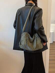 Retro Minimalist Large Capacity Fashion Student/Work Commute Tote Bag - Green - View 9