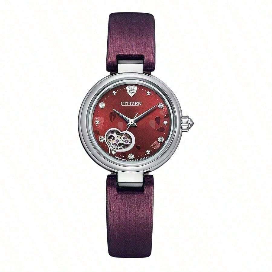 CITIZEN 女士可爱镂空机械腕表，独特表耳设计，银色表壳，日常佩戴的优雅礼物 - 酒紅色 - 查看 1