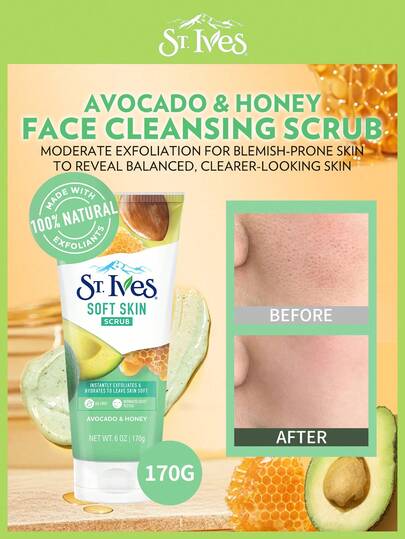 St. Ives [170克] 圣艾芙牛油果蜂蜜磨砂膏 | 温和配方，滋养肌肤 | 排名第一的磨砂膏品牌，为身体和面部带来温和SPA体验 | 无油配方，经皮肤科医生测试 | 100%天然去角质颗粒，温和去除粗糙角质，令肌肤焕发光彩