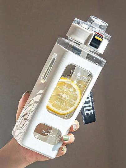 1Pc 700ml Sports Water Bottle With Straw & Time Marker, Large Capacity Leakproof Water Cup, Square Fashion Design For Gym Office Travel Camping Home, Perfect Gift For Students Adults