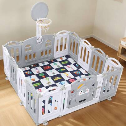 Foldable Baby Playpen For Baby And Toddlers With Play Mats & Activity Toys – 12/18-Panel Large Plastic Play Pen, Indoor Outdoor Safety Centre, Grey & White