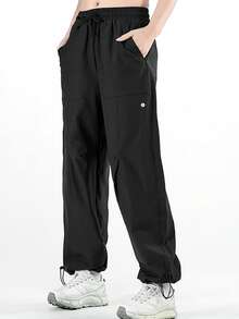 女士速干徒步裤，冰丝阔腿裤，可调节裤脚和抽绳腰带，弹力工装裤，适合露营 - 黑色 - 查看 5