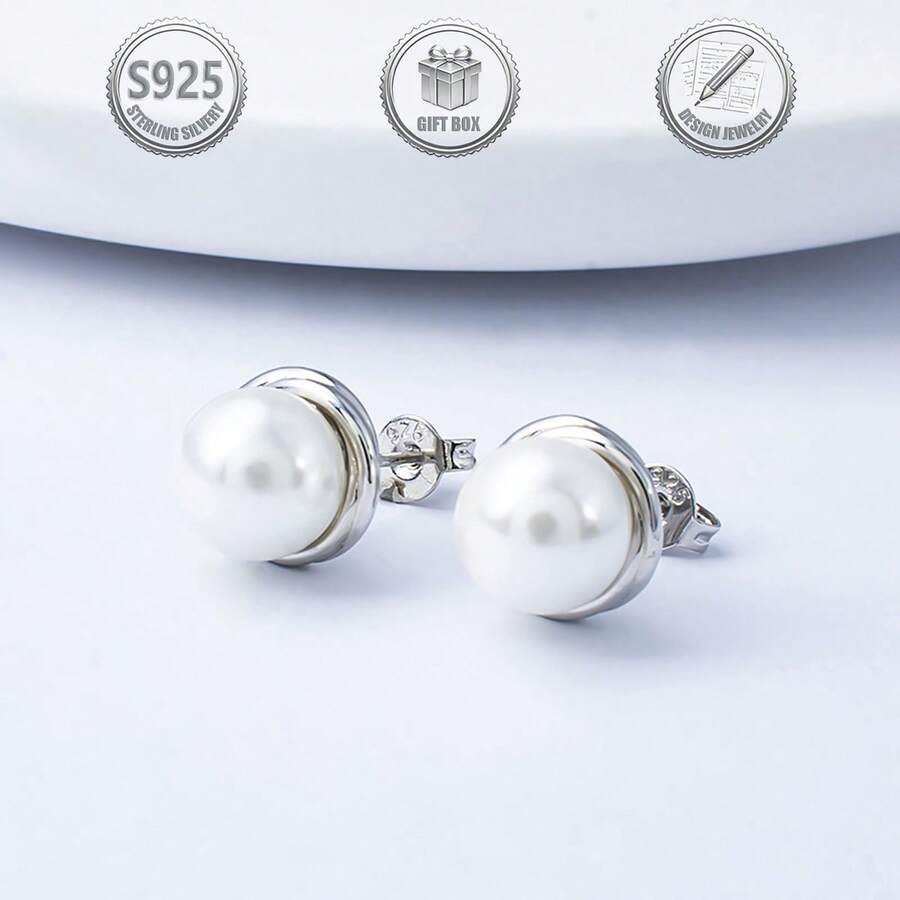 1 Pair Elegant Minimalist 925 Sterling Silver Faux Pearl Swirl Line Stud Earrings, Suitable For Daily Wear, Dates, Parties, And Gifts - Silver - View 1