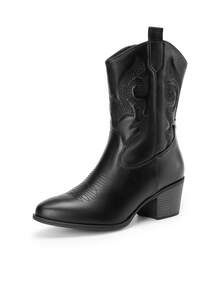 Botas Vaqueras Bordadas para Mujer, Cowboy Boots de Media Pantorrilla para Dama con Punta Redonda - Negro - Ver 9