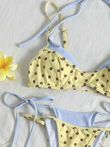 女士复古波点比基尼泳装，性感露背挂脖比基尼套装，浅蓝色棕色波点，不对称A字腰线无袖短款比基尼，适合冬季、外出、生日、休闲、千禧风、西式风格、夜店、海滩夏季度假等场合。 - 淡黃色 - 查看 6