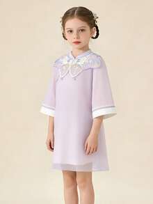 Balabala Vestido cheongsam elegante y vintage con bordados de estilo chino para niña preadolescente - Tono morado - Ver 1