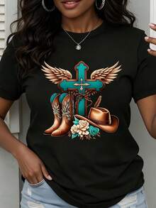 Women Round Neck T Shirt Western Cross With Wings Cowboy Boots Hat And Flowers Print Short Sleeve Casual Wear For Everyday Outings And Country Style Events - 黑色 - 查看 1