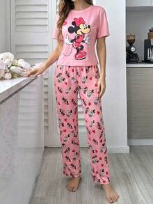 Disney 2 piezas Conjunto de pijama para el Día de San Valentín para mujer, top de manga corta y pantalón largo, conjunto de ropa de estar cómoda y suave, perfecto para relajarse en casa - Rosa Pálido - Ver 6