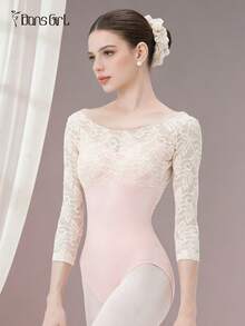 DonsGirl Women's One-Piece 3/4 Sleeve Lace Patchwork Ballet Leotard Performance Outfit Spring Sports - 淺粉色 - 查看 3