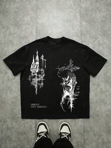 男士休闲字母十字印花T恤，简约时尚设计，适合日常穿着，夏季款 - 黑色 - 查看 1