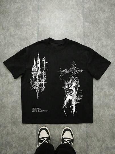 Erkekler için Günlük Kullanıma Uygun, Harf ve Haç Baskılı Minimalist Moda Tasarımlı Yazlık Tişört