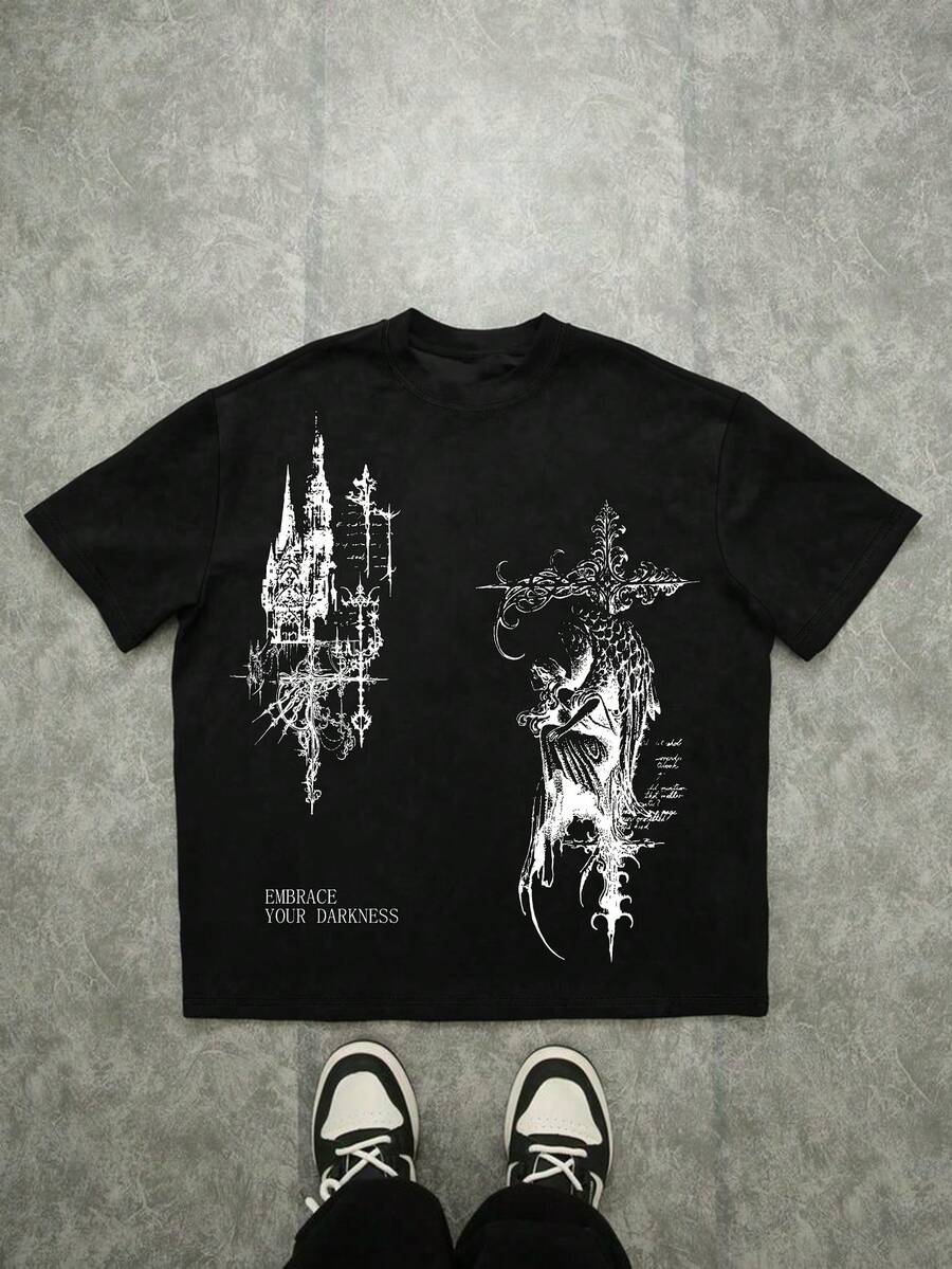 男士休闲字母十字印花T恤，简约时尚设计，适合日常穿着，夏季款 - 黑色 - 查看 1