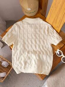 Boys' Solid Color Cable Knit Polo Shirt Short Sleeve Lightweight Sweater, Suitable For School & Everyday Wear, Spring/Summer/Autumn - Apricot - View 2