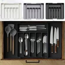 1pc Expandable Adjustable Plastic Kitchen Utensil Organizer Box, Made Of PP Plastic Material, Flat Cutlery Storage Box For Kitchen Countertop, Cabinet Drawer, Holds Chopsticks, Cutlery, Tools (Small + Large) - View 3