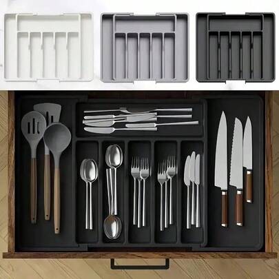 1pc Expandable Adjustable Plastic Kitchen Utensil Organizer Box, Made Of PP Plastic Material, Flat Cutlery Storage Box For Kitchen Countertop, Cabinet Drawer, Holds Chopsticks, Cutlery, Tools (Small + Large)