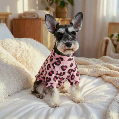 PETCIRCLE 1件宠物狗衣服，室内外皆宜，欧美韩风，适合贵宾犬、泰迪犬、小型犬和幼犬，舒适豹纹休闲T恤 - 粉色