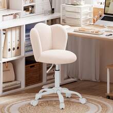 Home Office Chair, Desk Chair, Height-Adjustable Vanity Chair, Swivel Chair Made Of Sherpa Leather, Thickened Cushion (Up To 150kg) For Study, Bedroom, Beige - 米色 - 查看 9