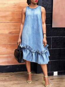 GLOURI Women's Light Blue Denim Midi Dress - Round Neck With Sleeveless & Ruffle Hem Detail | Loose Casual Fit For Daily Outings, Weekend Brunch, Shopping Trips & Vacation Strolls (Comfortable & Effortlessly Stylish) For Chic Everyday Looks - Màu xanh lam - Xem 2