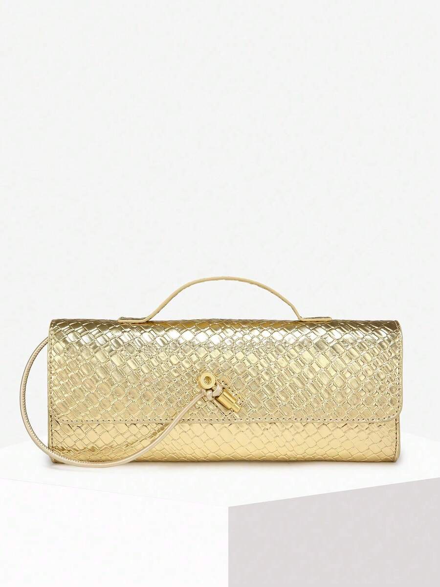 Women's Retro Minimalist Faux Woven Texture Angora Red Vintage Flap Lock Large Capacity Clutch Handbag, Shoulder Bag For Parties, Outings And Daily Use - 金色 - 查看 1