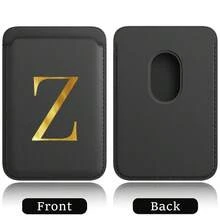 弹性 Magsafe 卡包，弹性皮革磁吸手机壳，内置磁铁，磁吸式手机套，适用于 Apple 12/13/14/15/16 Pro Max 和 Magsafe 手机壳，A-Z 字母图案 - 黑色 - 查看 14