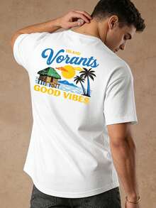 Men's Casual Summer Vacation Style Printed T-Shirt, Coconut Tree & Island Graphic, Suitable For Daily Wear, Unisex - White - View 3