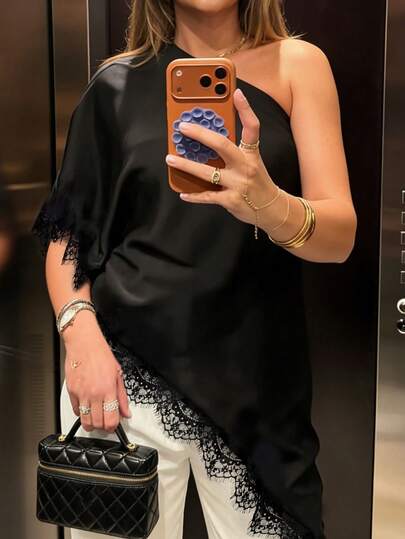 女士优雅不对称蕾丝衬衫，休闲短袖上衣，适合春夏穿着，通勤、约会、休闲等场合，黑色