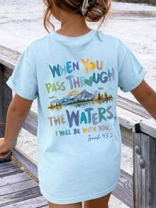 Kaos Anak Perempuan Bergambar Ayat Yesaya 43:2, Atasan Inspiratif Kristen Lengan Pendek Kerah Bulat Kasual Musim Panas untuk Remaja - Baby Blue - View 2
