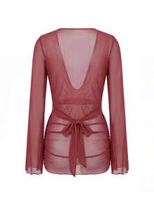 Women's Summer Sheer Mesh Beach Mini Dress Bell Sleeve Draped Deep V Neck Swim Swimsuit Cover Up Beachwear Swimwear For Pool Vacation - Màu Đỏ Sâu - Xem 8