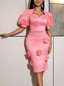 女士优雅修身中长连衣裙，心形领口泡泡袖3D立体花卉设计，适合婚礼宾客和情人节穿着。 - 粉色 - 查看 1