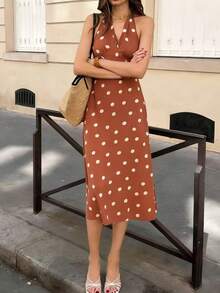 Women's Summer Vintage Polka Dot Halter Neck Midi Dress, Sleeveless Casual Daily Vacation Beach Dress Party Elegant - Brown - View 4