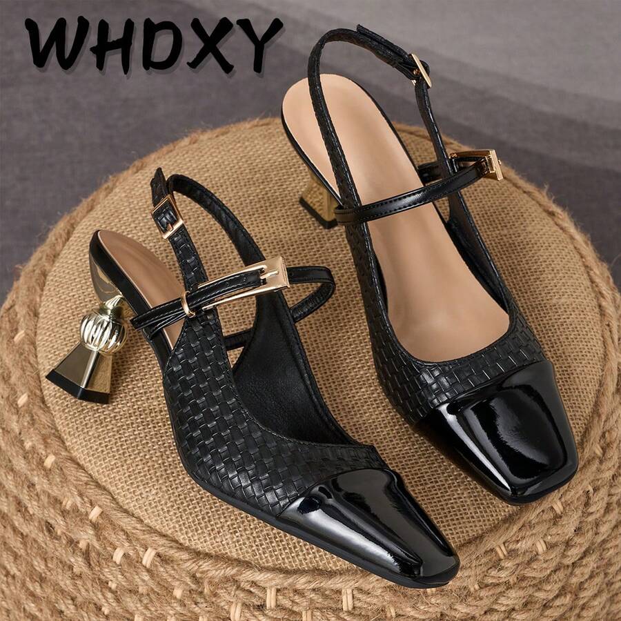WHDXY 女士黑色编织纹理不对称露跟凉鞋 | 亮面方头金属扣 | 通勤及约会优雅女鞋 - 靜夜黑色 - 查看 1