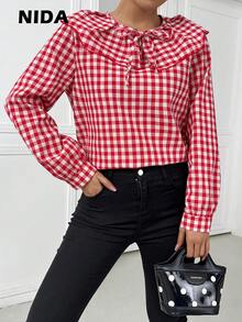 女士优雅彼得潘领系带荷叶边装饰纽扣长袖复古红色格子衬衫，红色上衣，优雅女士衬衫，春夏装 - 紅色 - 查看 2