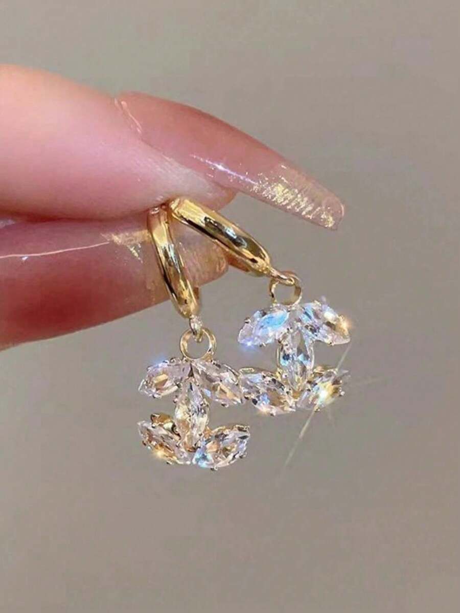 Bông tai mặt dây chuyền mạ vàng sang trọng, tối giản, cao cấp đính đá Cubic Zirconia, thích hợp cho phụ nữ đeo hàng ngày. - Vàng - Xem 1