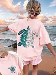 青少年女孩休闲趣味印花圆领短袖 T 恤，夏季上衣 - 粉色 - 查看 3