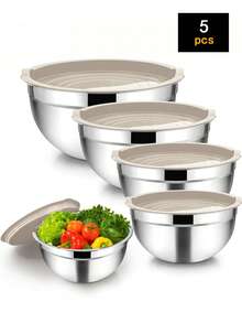 Bộ 5 Bát trộn làm tổ bằng thép không gỉ có nắp đậy, thích hợp cho nhà bếp nướng, phục vụ, niêm phong nắp, chịu lực cao và máy rửa chén an toàn, đồ dùng nhà bếp & phụ kiện - Màu be - Xem 6