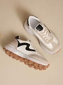 女士春秋季白色低帮运动鞋，轻便防滑低跟圆头透气系带休闲户外运动鞋，舒适系带运动鞋 - 轻便多功能休闲鞋，适合所有季节，防滑橡胶鞋底 - 白黑 - 查看 5