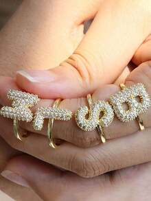 泡泡可爱26字母戒指，女士气球镀金锆石A-Z字母开口可调节戒指，美观婚礼首饰礼物 - 金色 - 查看 1