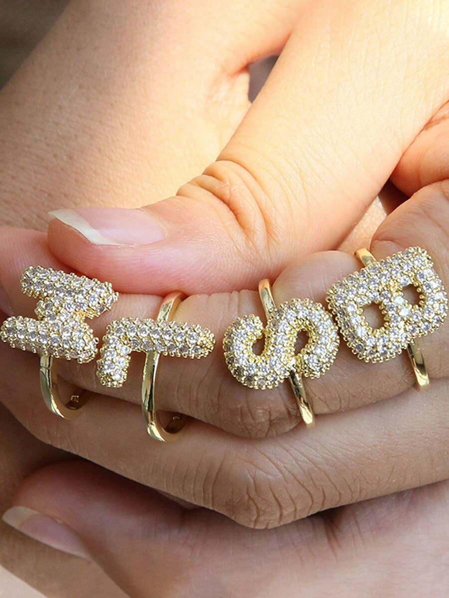 泡泡可爱26字母戒指，女士气球镀金锆石A-Z字母开口可调节戒指，美观婚礼首饰礼物 - 金色 - 查看 1